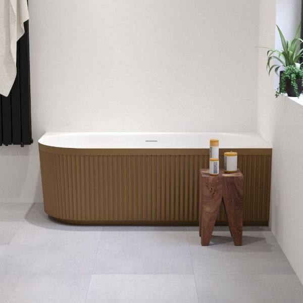 Alesso Angolo bad hoekbad / back-to-wall 170x80x58cm rechts geborsteld koper/ mat wit met ribbel structuur
